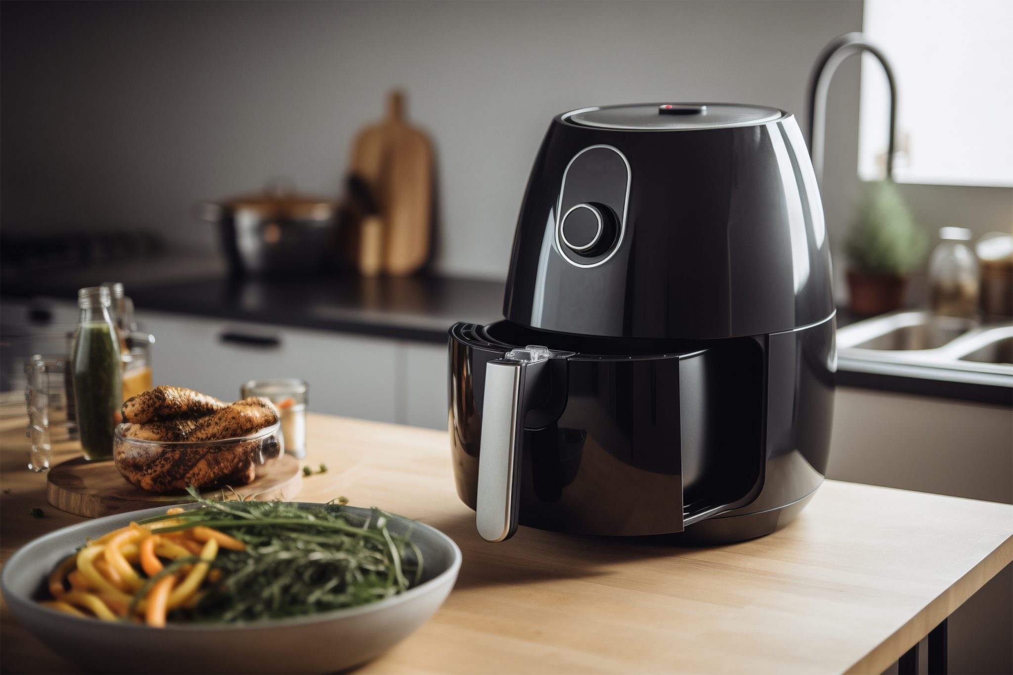 Air fryerAir fryer kitchen tool surrounded by food.