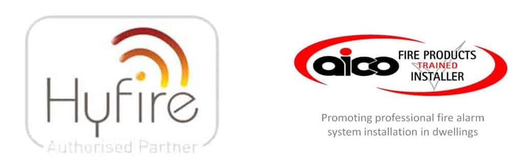 Hyfire Authorised Partner and Aico Fire Products Trained Installer logos on a white background.