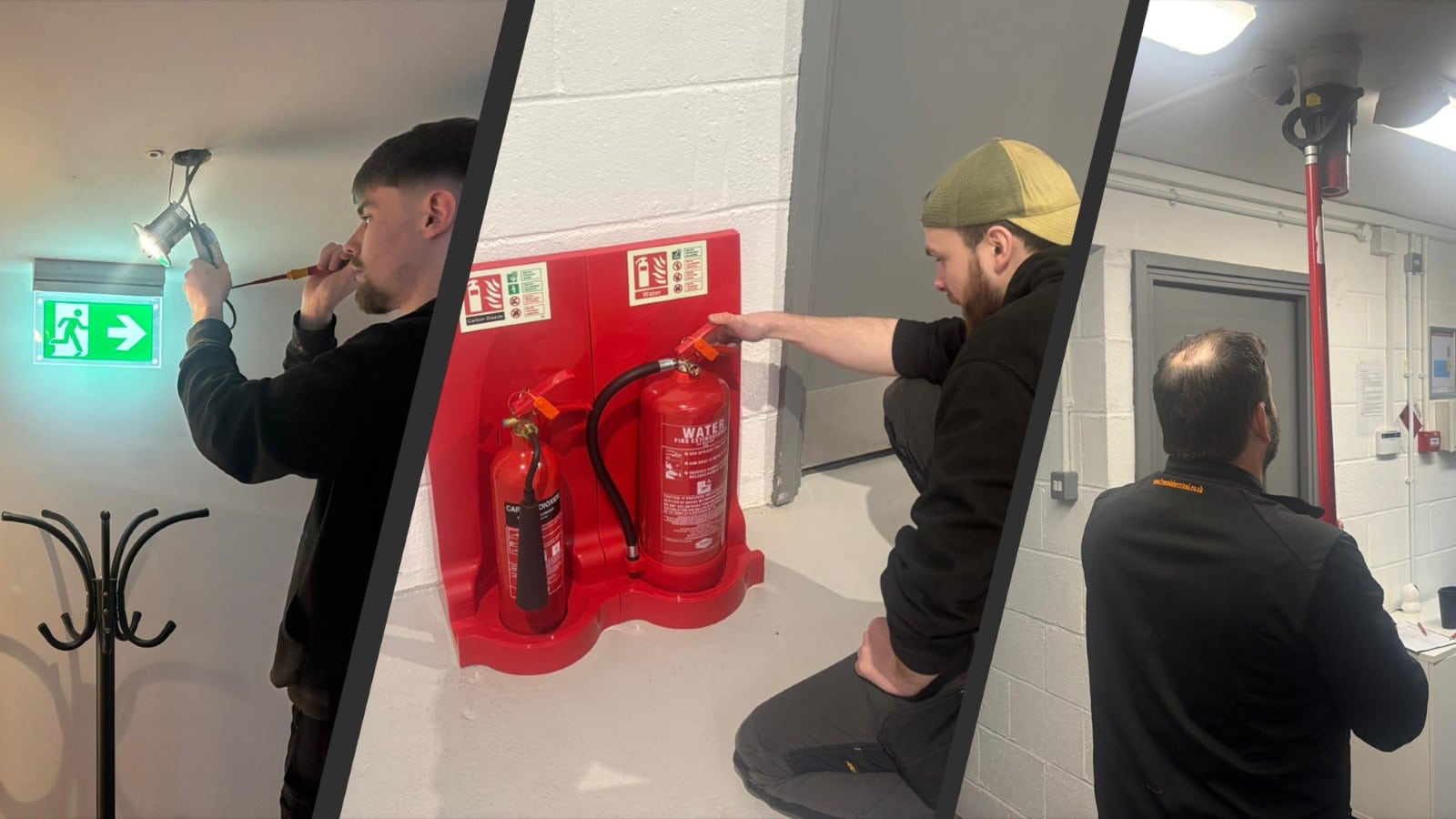 Three men checking emergency lights, fire extinguishers, and fire alarms in a building.